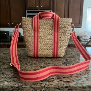 J. Crew Straw Crossbody Tote with Pink and Coral Striped Strap